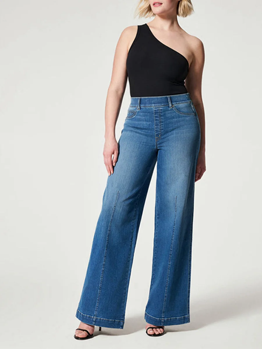 Women Fashion Wide-Leg Jeans Solid Color Stretch Denim Pants Spring Summer Casual Loose Trousers