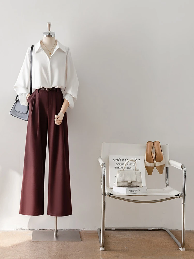 Trajes informales color burdeos, pantalones para mujer, pantalones elegantes de cintura alta y pierna ancha a la moda con bolsillos, negro y gris