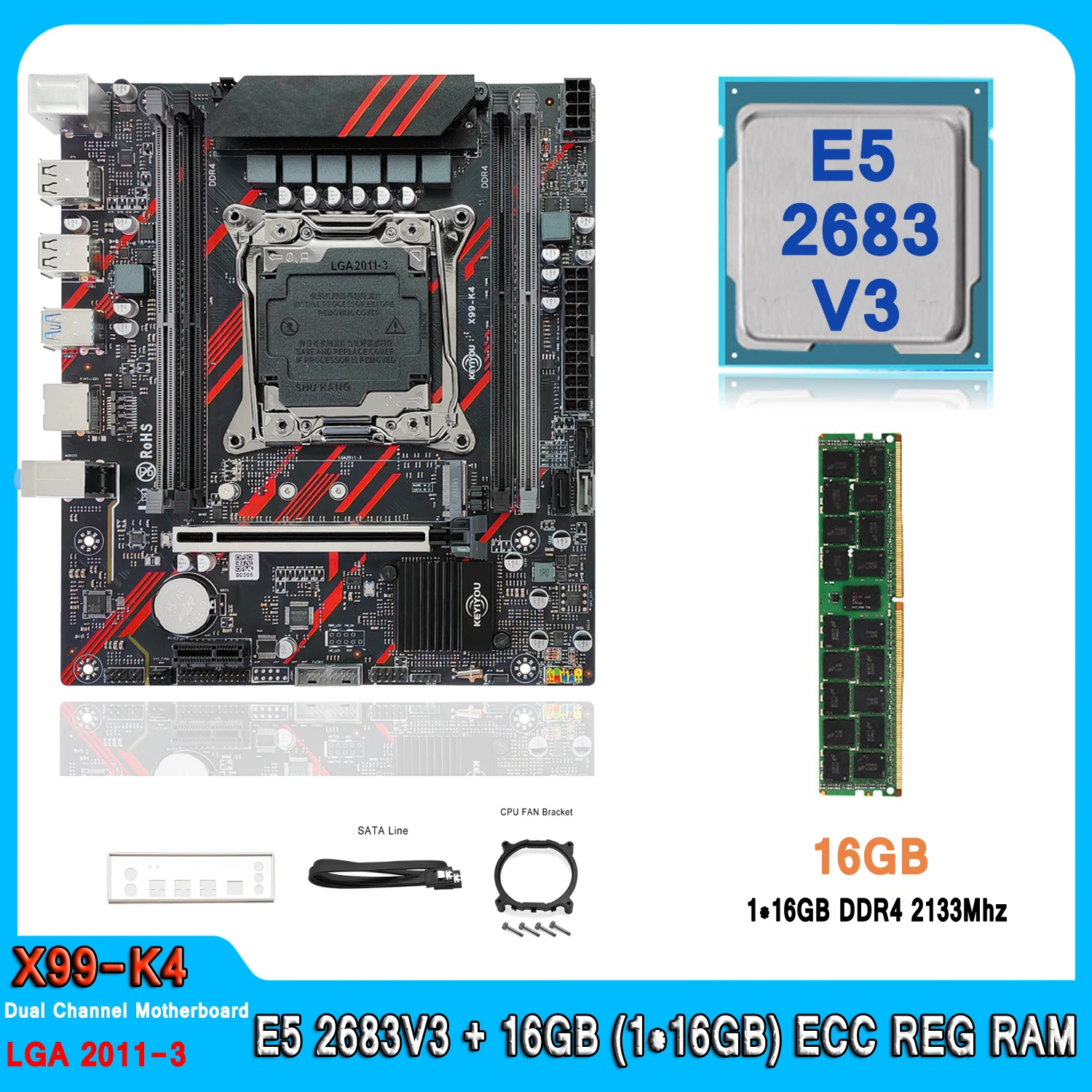 

X99 Motherboard Set Kit With LGA2011-3 Xeon E5 2683 V3 CPU DDR4 16GB (1*16GB) 2133MHZ RAM Memory NVME M.2 SATA E5 2683V3 Set