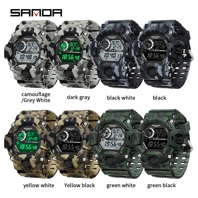 SANDA Mens นาฬิกาแบรนด์หรูนาฬิกาอิเล็กทรอนิกส์มัลติฟังก์ชั่นส่องสว่างจอแสดงผล LED ผู้ชายนาฬิกาทหาร 50M กันน้ํา 2183