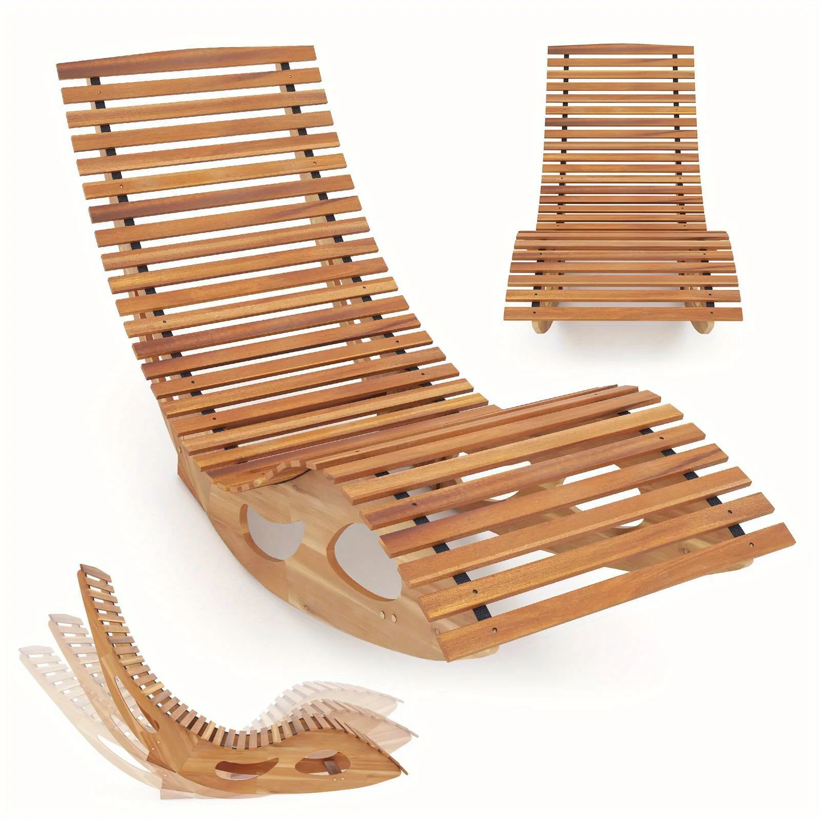 

Acacia Wood Rocking Chaise Lounge Heavy Duty 330lb Capacity Outdoor Rocking Sun Lounger Ergonomic Curved Seat Manual Recliner