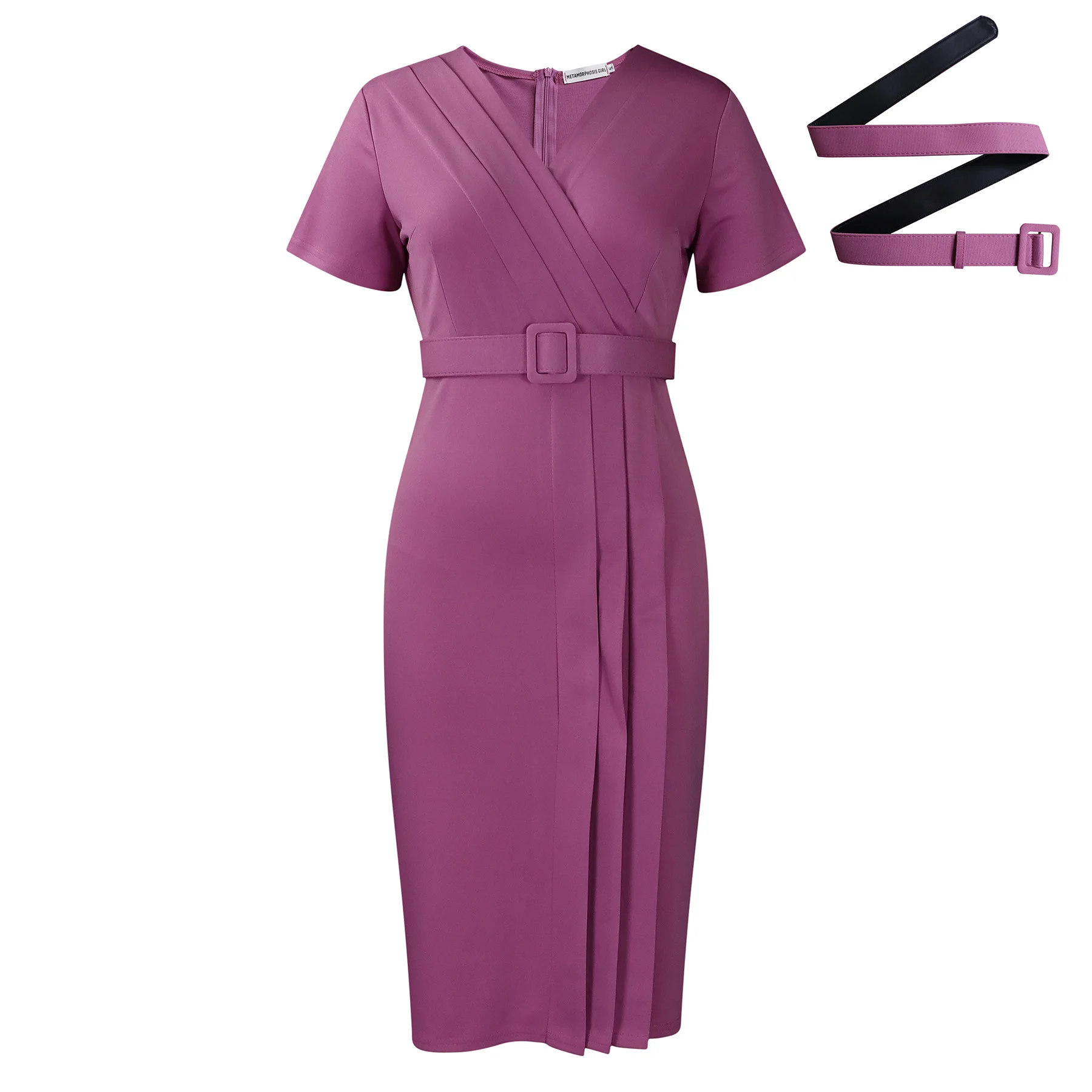 2024 Elegant Office Women\'s Professional Commuting Dress Short Sleeved V-Neck Waistband Solid Color Commuting Pencil Dress