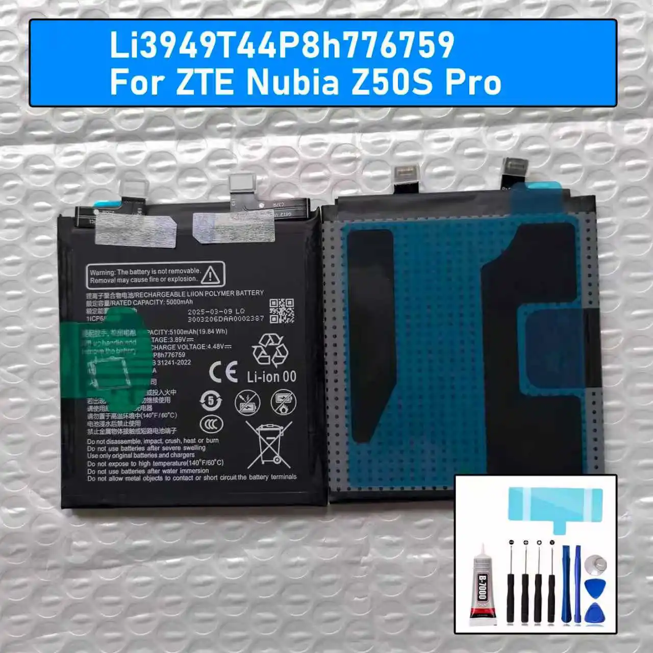 

New Li3949T44P8h776759 5100mAh Battery for ZTE Nubia Z50S Pro NX713J Mobile Phone 1ICP6/68/74 Mobile Phone Batteries+Free Tools
