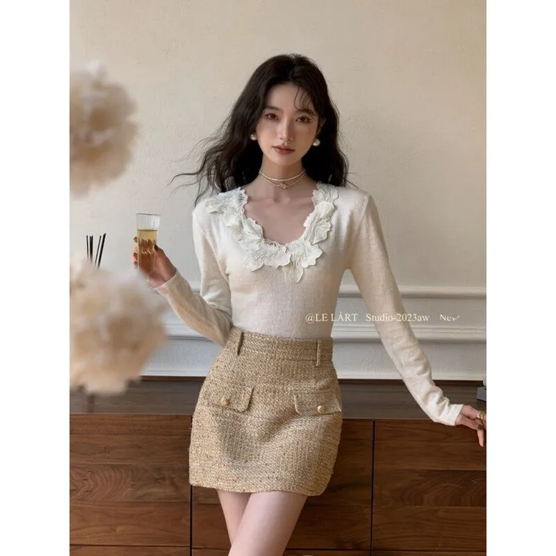 الفرنسية المتناقضة اللون الربط الدانتيل تي شيرت برقبة على شكل v المرأة شتاء جديد سليم صالح Ladylike محبوك القمم للنساء #1