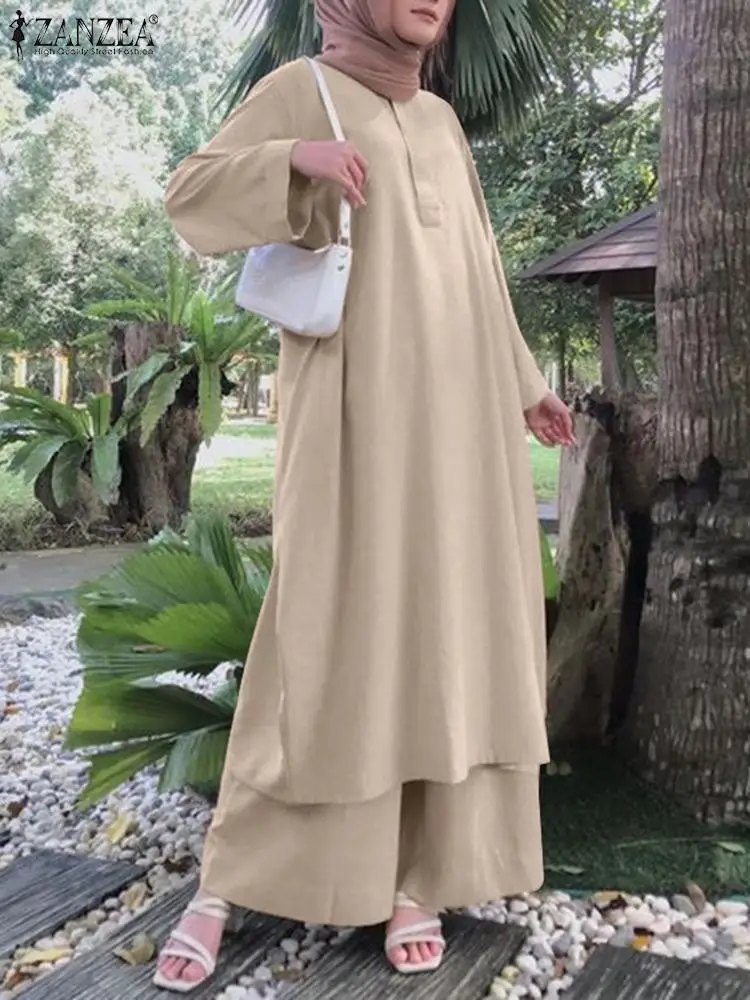 Elegant Abaya Suit ZANZEA Women Fashion Muslim Sets 2PCS Turkey Long Sleeve Blouse Trousers Suits Dubai Outfits Islamic Clothing