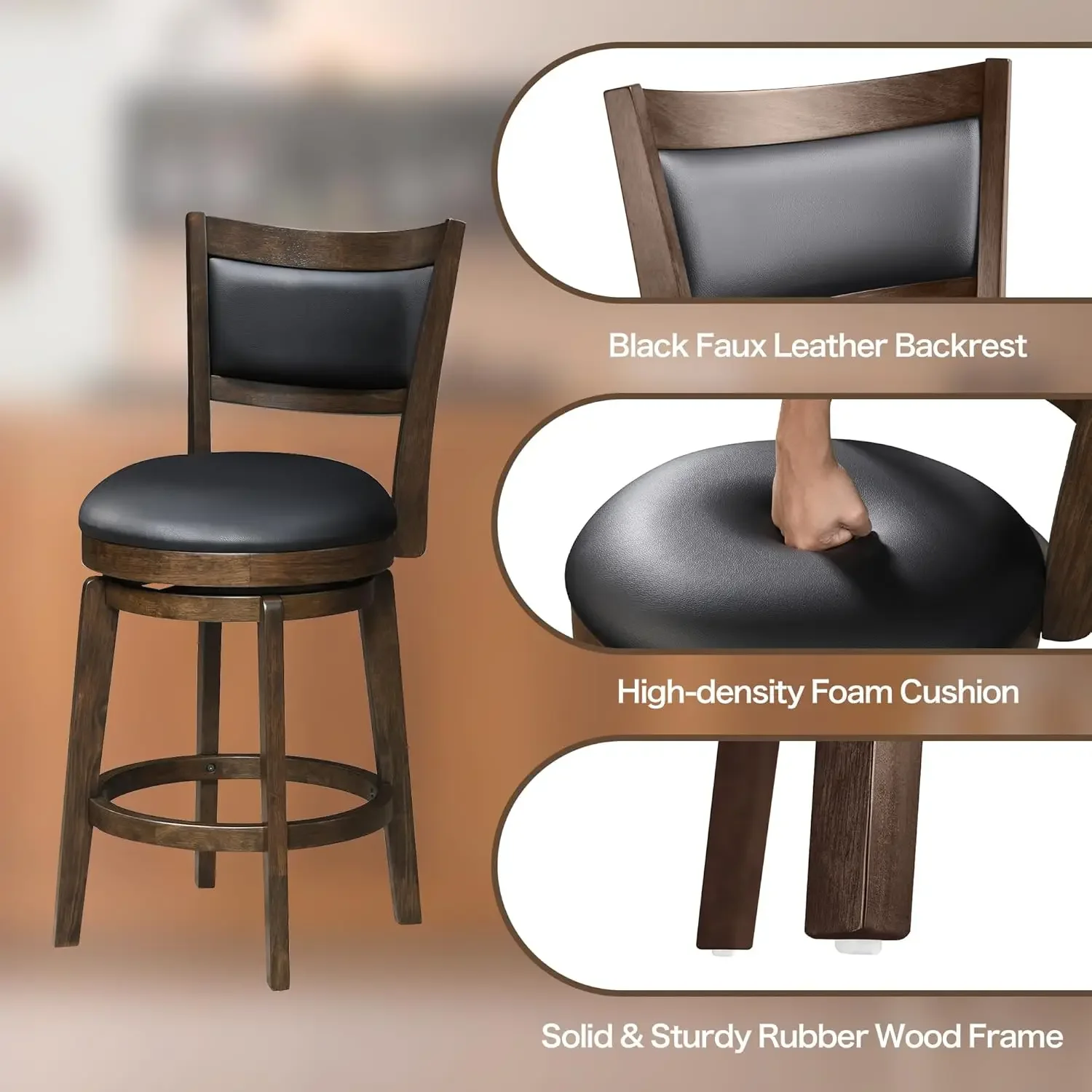 24" Counter Height Barstools Set of 4,High Back Swivel Bar Stools with Black Faux Leather Upholstered Seat & Solid Wood Footrest