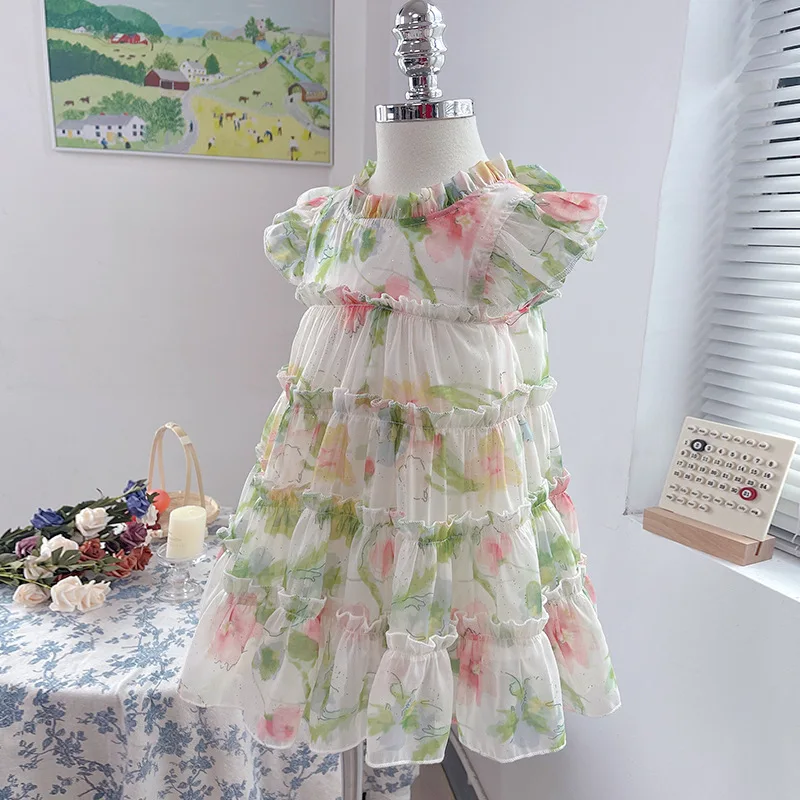 Children's Dress 2024 Summer New Korean Edition Chiffon Flying Sleeves Fragmented Cake Mesh Skirt for Girls