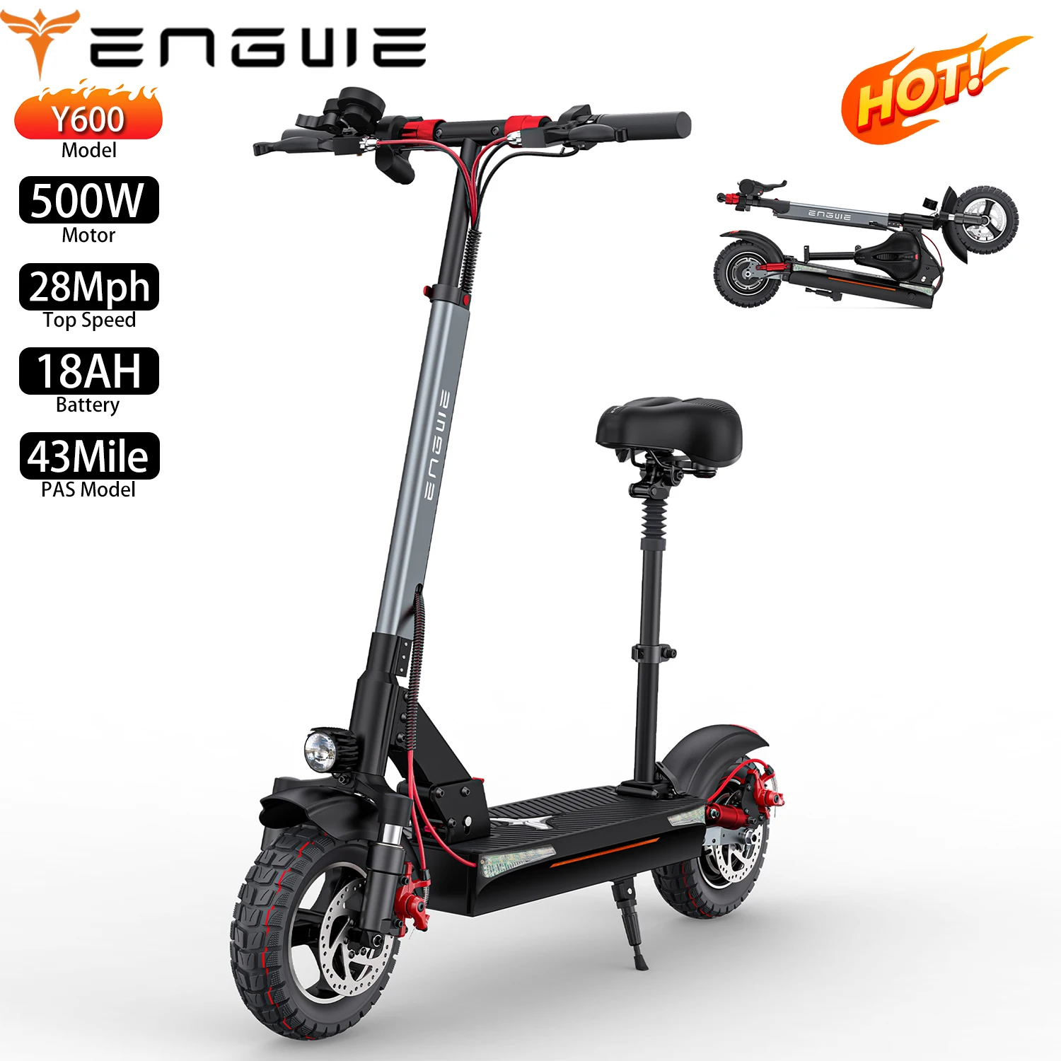 

Electric Scooter With Seat ENGWE 10" 500W Motor Top Speed 28Mph 48V 18AH CIty E-Scooter Max Raneg 43Miles Load 330Ibs US Stock