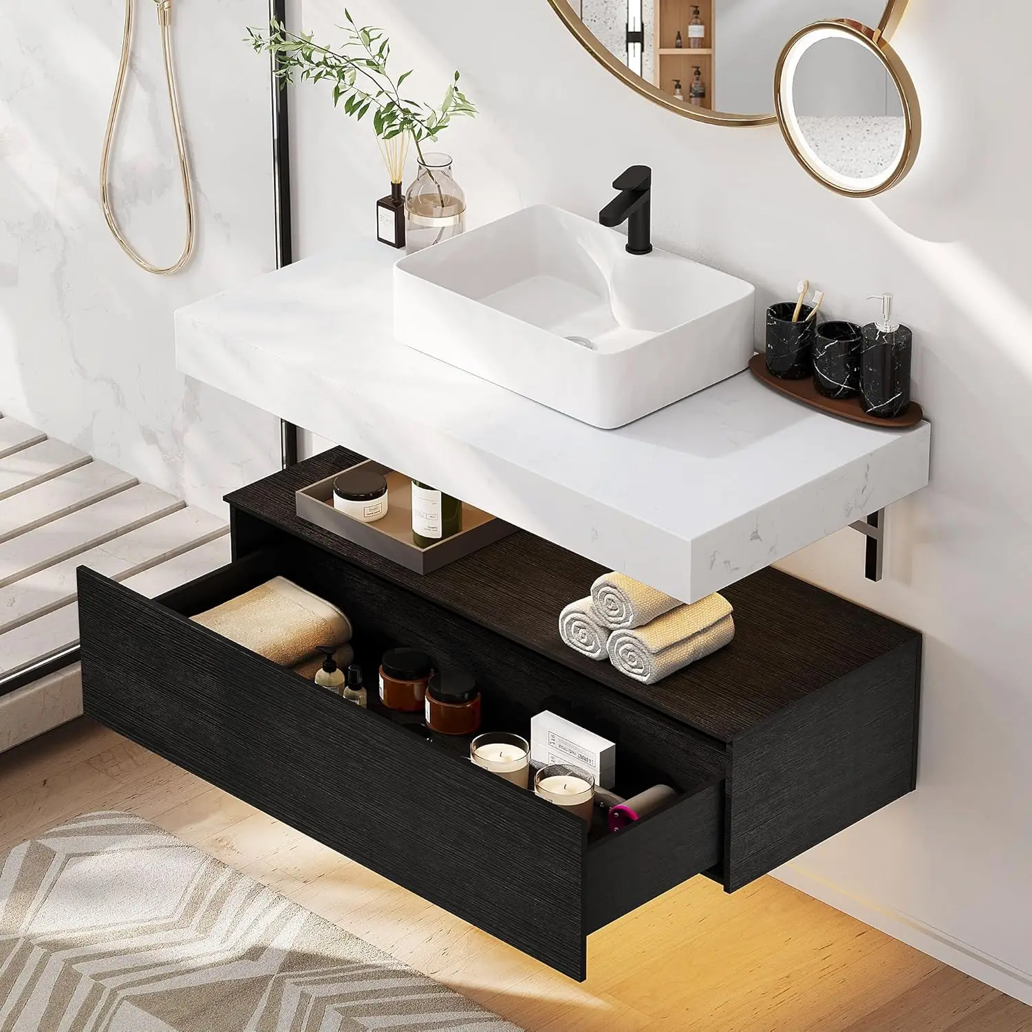 40 Inch Floating Bathroom Vanity , Wall Mounted Vanity Bathroom Cabinet with Sintered Stone Countertop, Bathroom, Black