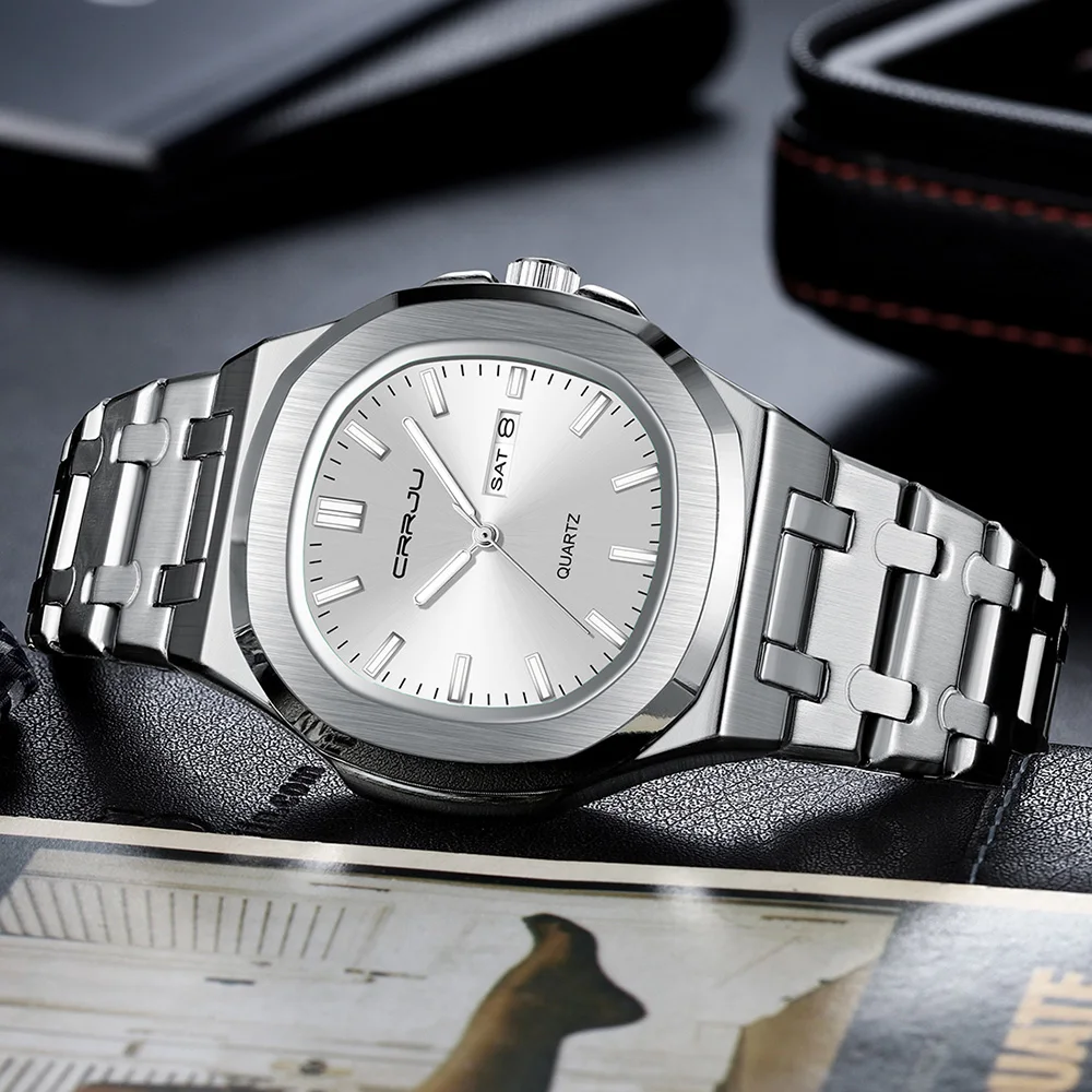 CRRJU 5039 Top Brand Men's Quartz Watch Luxury Original Luminous Week Date Dual Calendar Waterproof Wristwatch For Man