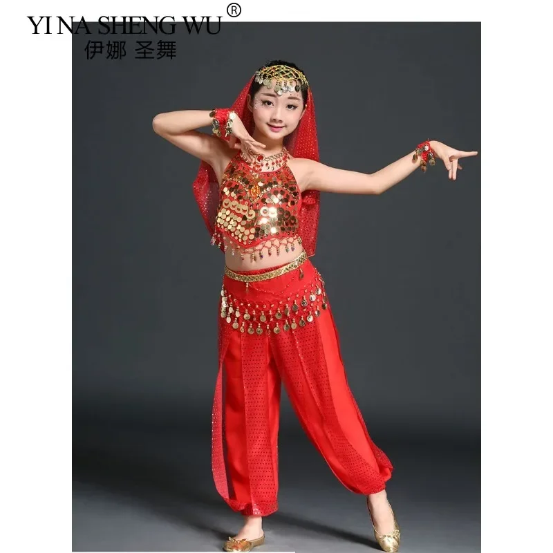 

Восточный костюм для танца живота для детей, костюм для индийского танца для девочек, сценический костюм, 4 цвета, детский праздничный наряд