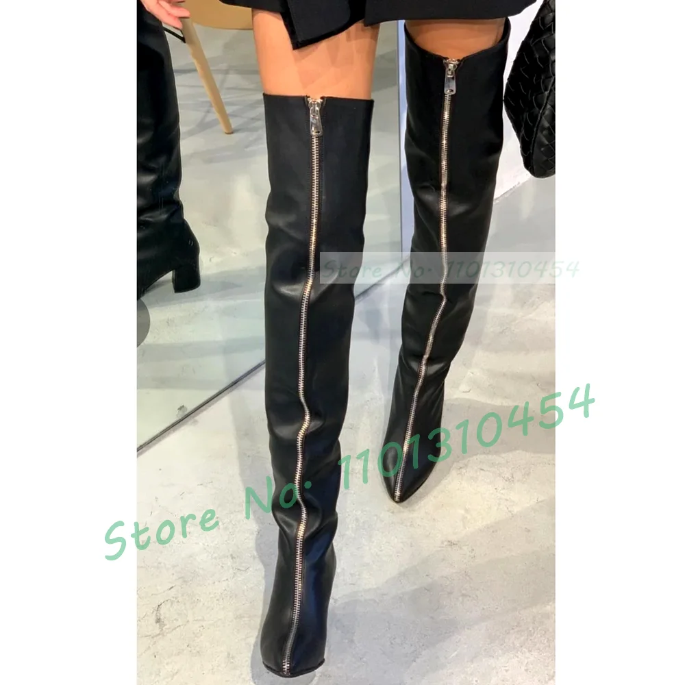 Front-zip Block Heel Long Boots Sexy Women\'s Pointy Black Thigh High Low Heel Boots Newest Streetwear Big Size Solid Leggy Shoes