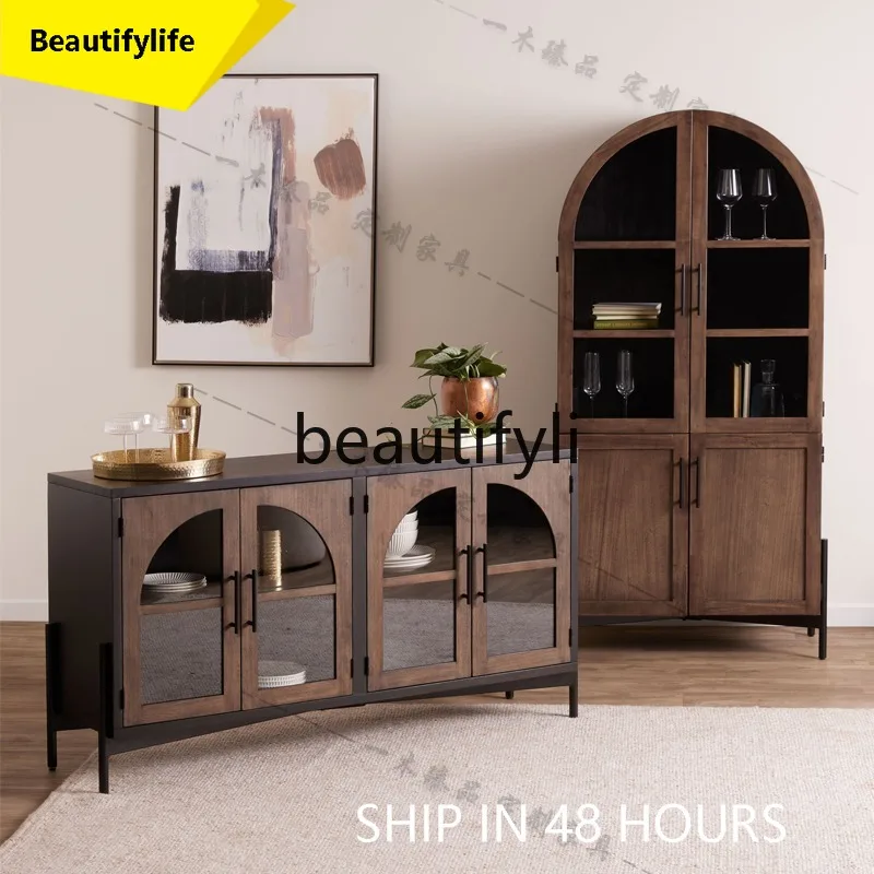 

6239 American-style Light Luxury Solid Wood Floor Bookcase Living Room Arched Glass Door Storage Cabinet Wine Cabinet