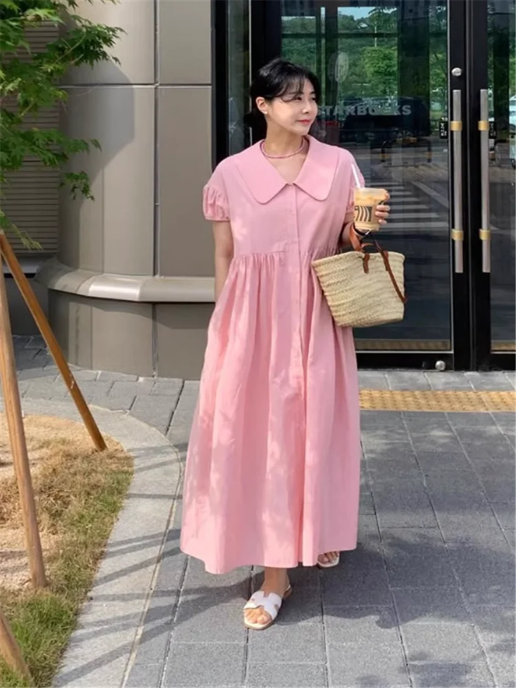 

Korean Chic Pink White Summer Holiday Doll Collar Loose Long Dress Vacation Style Short Puff Sleeve Sweet Girl Casual Dress