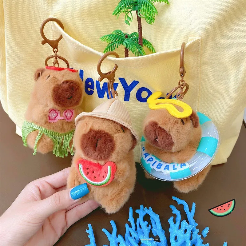 

Summer Style Capybara Plush Keychain Bikini Straw Hat Float Soft Pendant Cartoon Animal Bag Charm Key Ring Creative Gift Kawaii