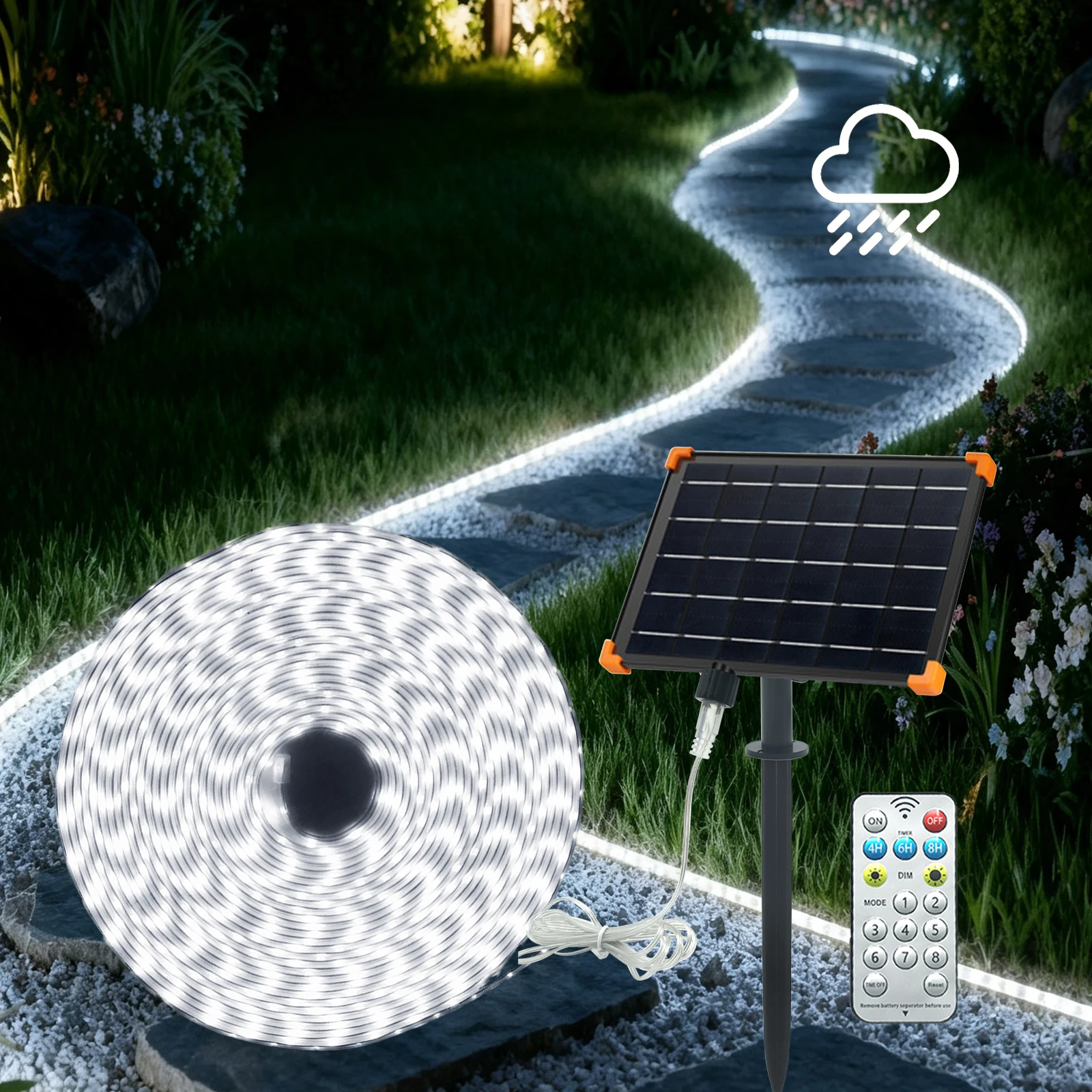 2835 64LEDs/m Solar Power Waterproof LED Strip Light Warm White RGB 24V Auto ON/OFF 13key Remote Control for Pathway Flex Lamp