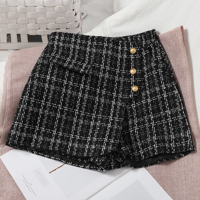 ITOOLIN Women Irregular Tweed Shorts Spring Plaid Buttons Shorts A-line Wide Leg Skirts For Women High Waist Skirts 2023