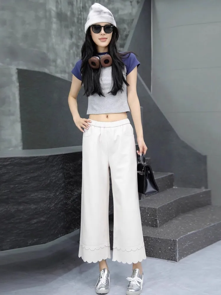 Spodnie damskie z prawdziwej skóry owczej, proste nogawki, elastyczna talia, szerokie nogawki, jesienne spodnie ze skóry naturalnej, długość do kostek, koronkowe spodnie, wyprzedaż.