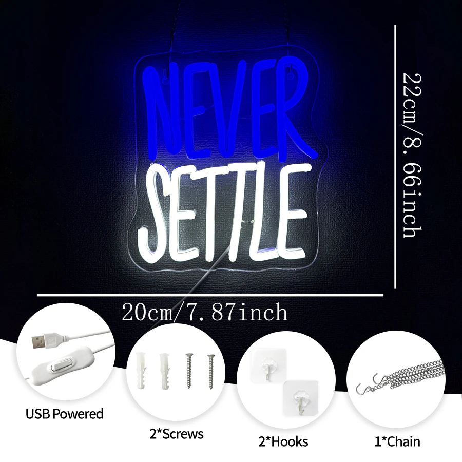 Never Settle Neon Sign for Wall Decor,Inspirational Quotes LED Neon Lights for Bedroom,Living Room,Study Room,Office,Home,Gifts