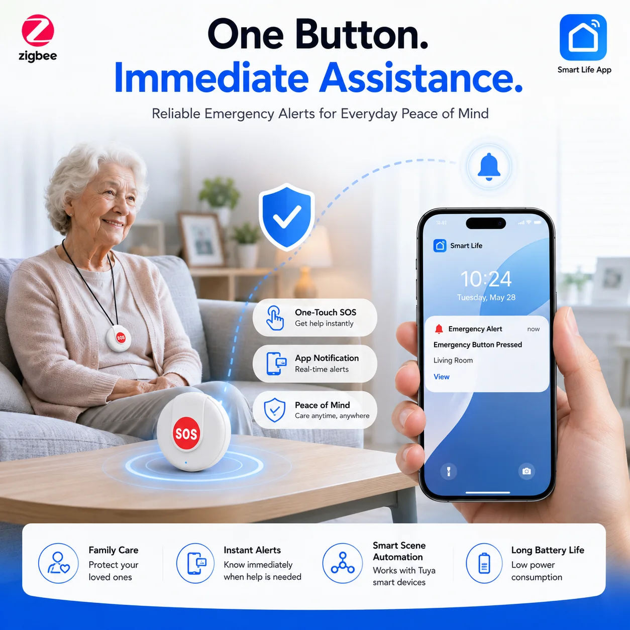 Tuya ZigBee SOS Emergency Button Wireless Smart Life App Notification Wearable Panic Button with 40cm Lanyard Requires Gateway