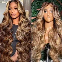 Perruque Lace Front Wig Body Wave naturelle ombrée, blond miel 4/27, 13x4, pre-plucked, avec baby hair, HD, 200% de densité