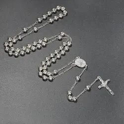 Catholic Rosary Pendant Necklaces For Women 6MM Beads Chain Crucifix Cross Long Necklace Men Religious Praye Jewelry