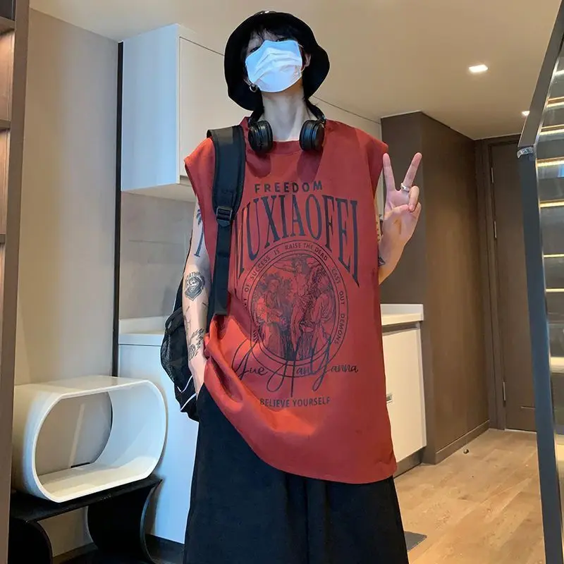 Fashion O-Neck Printed Letter Sleeveless T-Shirts Men's Clothing Summer New Loose Casual Tank Top Young Style Tee Shirt