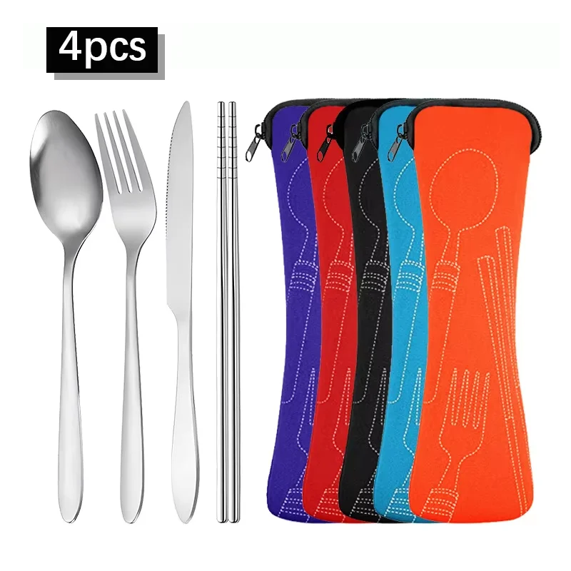 4Pcs Stainless Steel Tableware Set With Storage Bag For School Travel Picnic