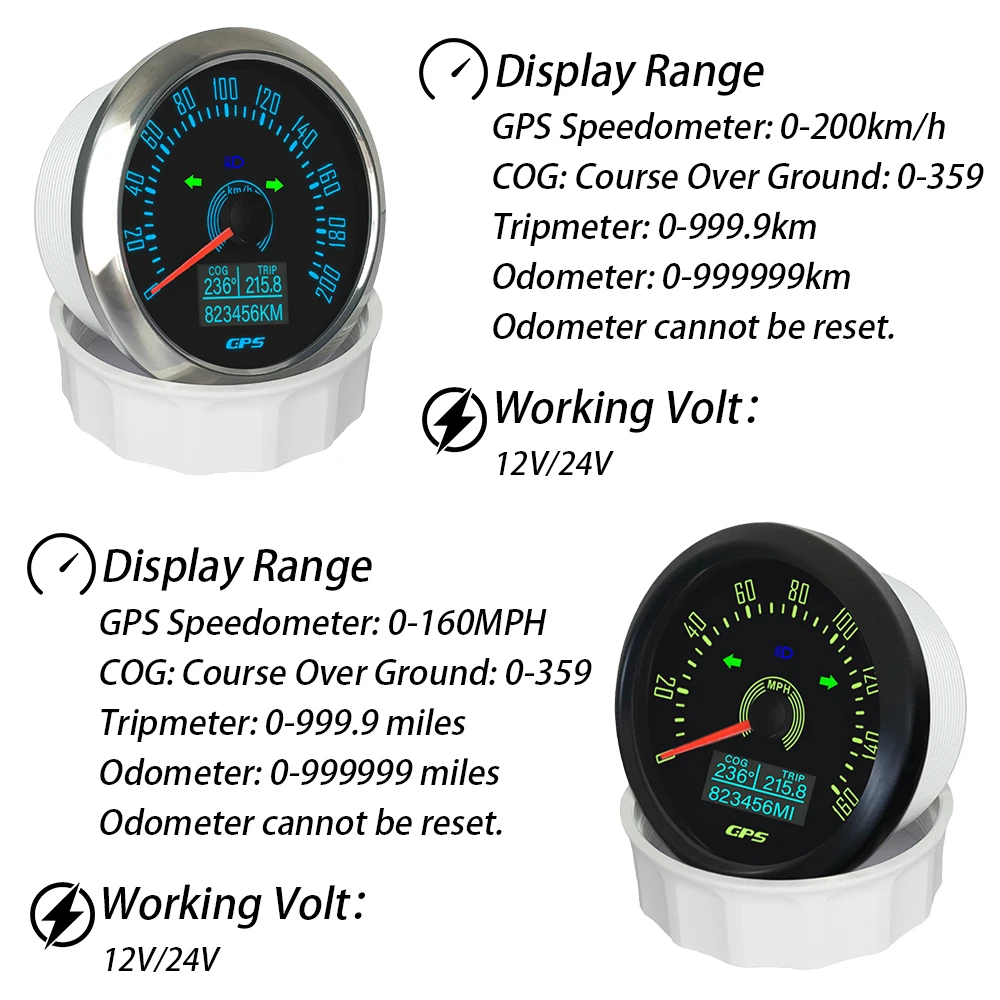 Yacht Motorcycle Universal 85mm GPS Speedometer 0-160MPH 0-200km/h + 0-8000RPM Tachometer with 7 Colors Backlight 12V 24V