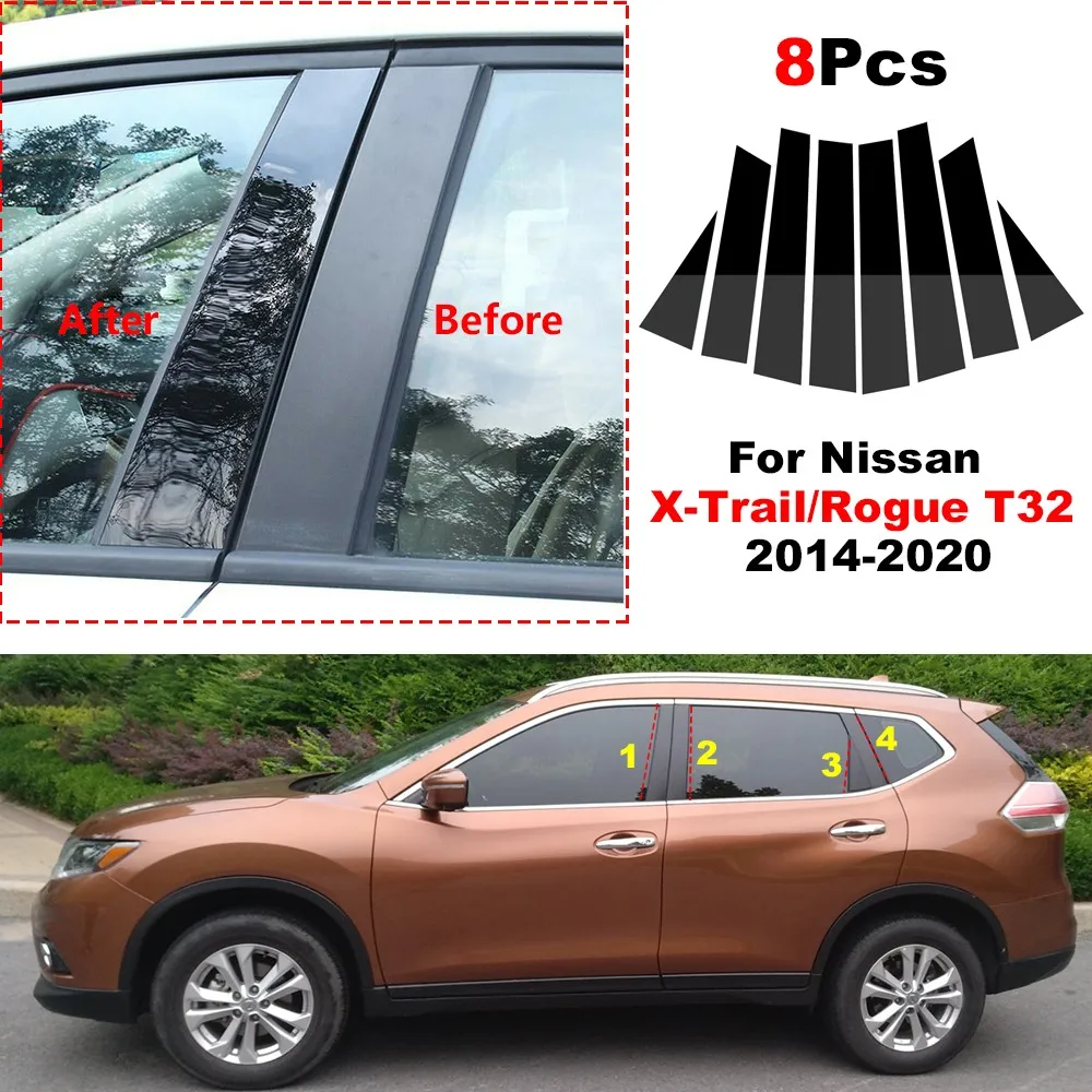 

8Pcs Car Polished Pillar Posts Door Window Trim Cover Stickers Fit for Nissan X-Trail/Rogue T32 2014-2019 2020 BC Column Sticker