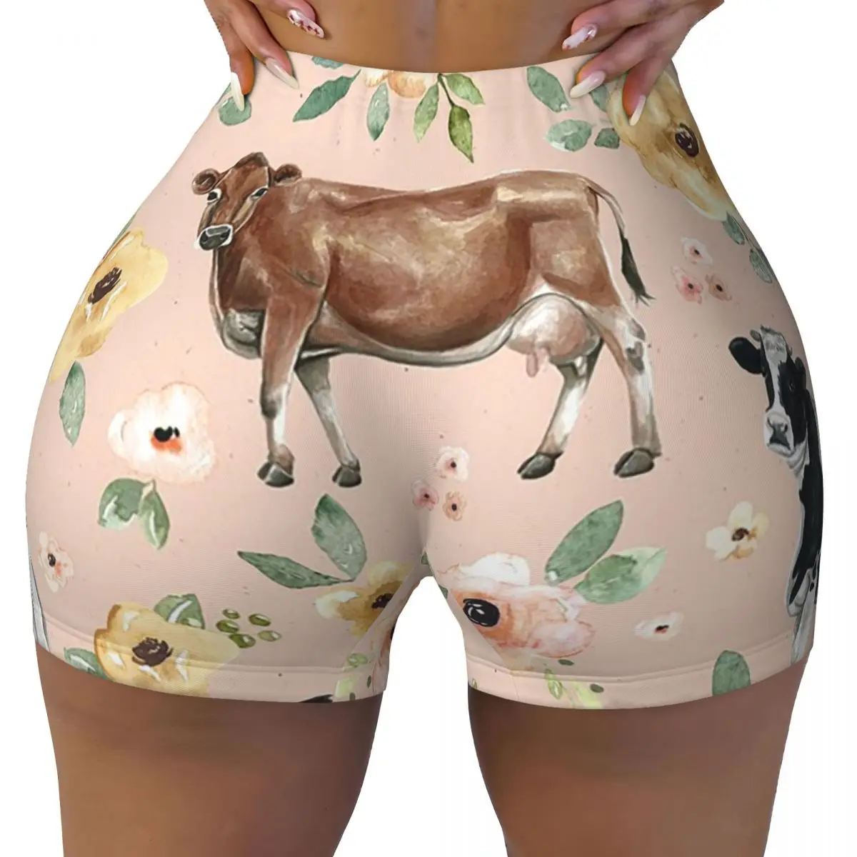 

Пользовательские шорты для йоги с цветочным принтом коровы на румянах, розовые, желтые цветы, женские шорты для тренировок в тренажерном зале, бега, спортивные волейбольные байкерские шорты