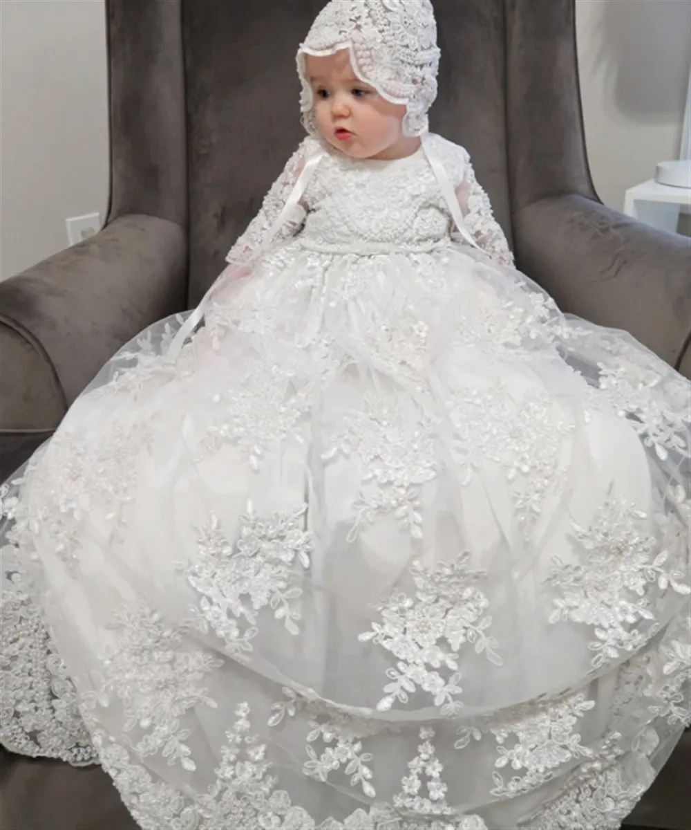 

Customized Baby Baptism Dress Flower Girl Dress for Wedding Appliques Long Sleeve Wedding Birthday Party Holy Communion Gown