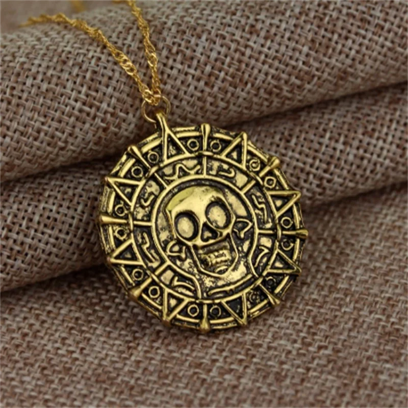 

Pirates Of The Caribbean Necklace Jack Sparrow Aztec Skeleton Skull Heads Pendant Coin Medallion Vintage Jewelry wholesale Gift