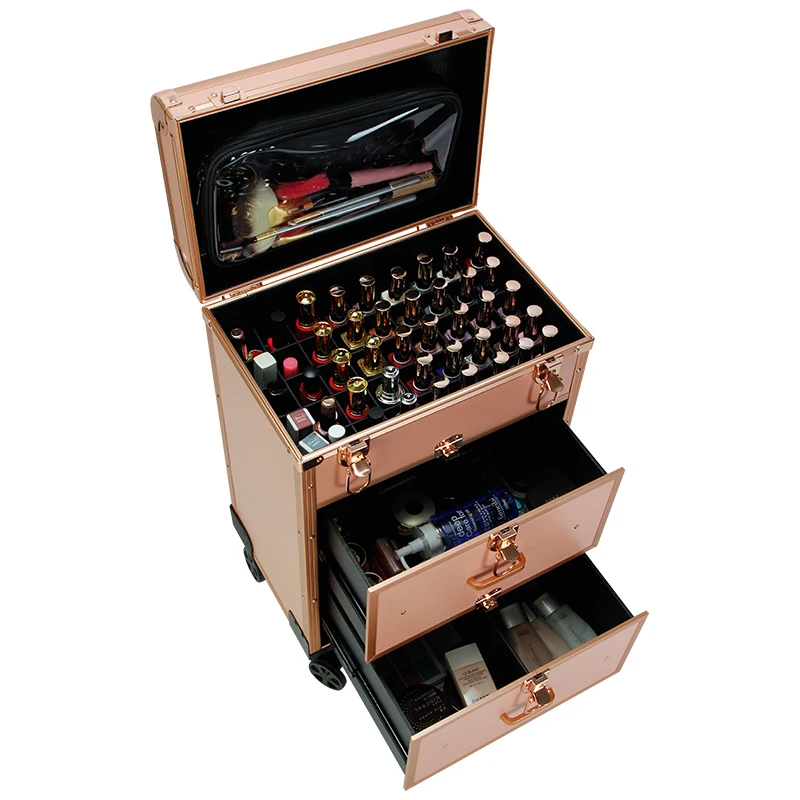 

Rolling Cosmetic Case for Girls Aluminum Makeup Case with Drawer Fashionable Multi-layer Large-capacity Travel Candy Hasp CN;GUA