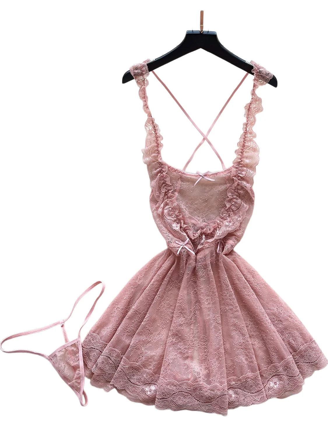 Woman Sexy Lace Lingerie Dress Ruffles Straps Corss Bow Backless Lingerie Women Fashion Comfortable Erotic Sensual Lingerie