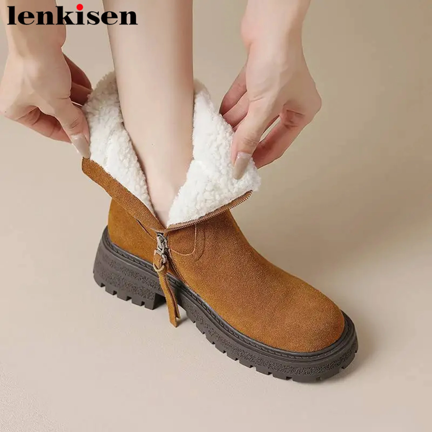 

Lenkisen 2024 Frost Resistant Med Heel Cow Suede Fur Round Toe Med Heels Snow Snow Boots Winter Keep Warm Brand Ins Ankle Boots