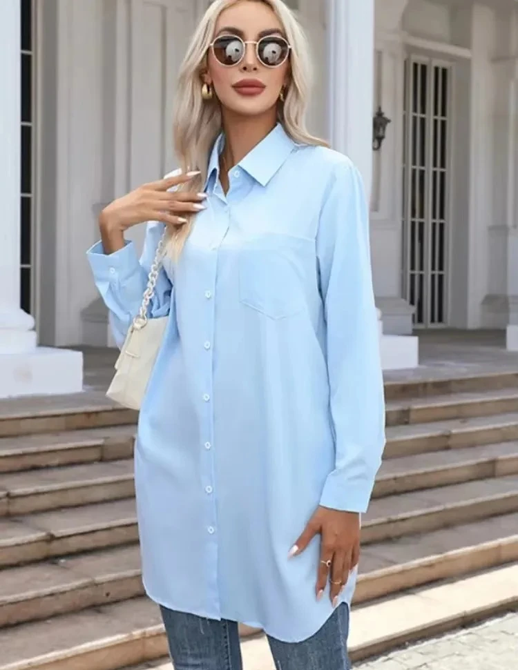 Lockeres und vielseitiges Langarmhemd für Damen im Frühling und Herbst, lässiges Revers für Damen, einfarbiges Basishemd