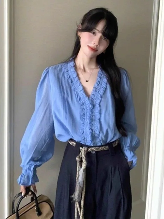 Early Autumn Korean Style Blue Shirt Short Chic Unique Beautiful Single Wear Atmosphere Sense Loose Lantern Sleeve Women's Bl...