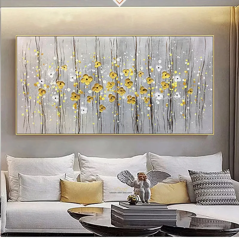 Horizontal Handmade Botanical Oil Painting, Palette Knife Gold Blossom Art, Neutral Grey Tone Textured Canvas Wall Decor