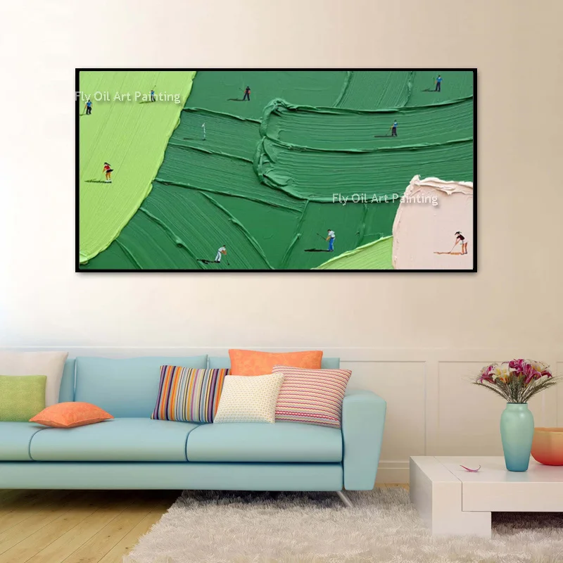 Large Handmade Green Beige Knife Thick Canvas Wall Art Decor For Living Room Simple New Design Green Yellow Oil Painting As Gift