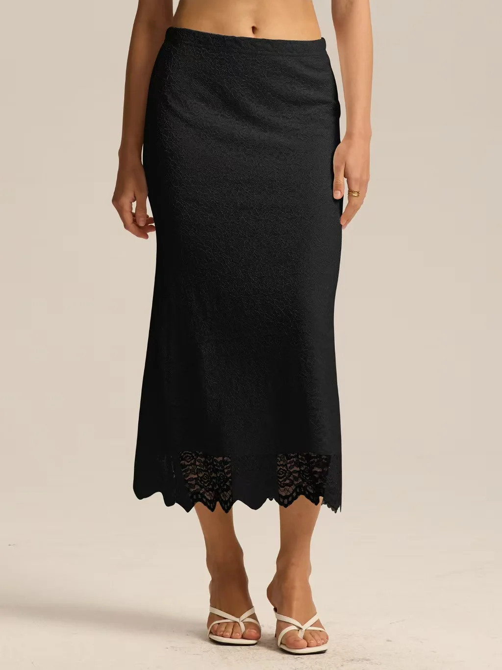 Sexy Kant Splice Hoge Taille f-lengte Rok Pendelen Sle Mid-lengte Pure Kleur Afslanken Fi-staart Rok voor Vrouwen