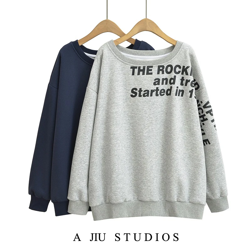 아메리칸 스타일 그레이 오프숄더 스웨트셔츠 여성 봄 가을 신상 루즈핏 레이지 걸 핫 걸 인스타 탑 스트리트웨어