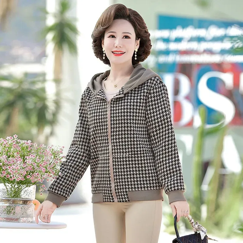 

Mother Fashion Short Coat Spring Autumn 2022 Middle Aged Women's Clothing Small Fragrance Lattice Hooded Zippered Loose Jacket