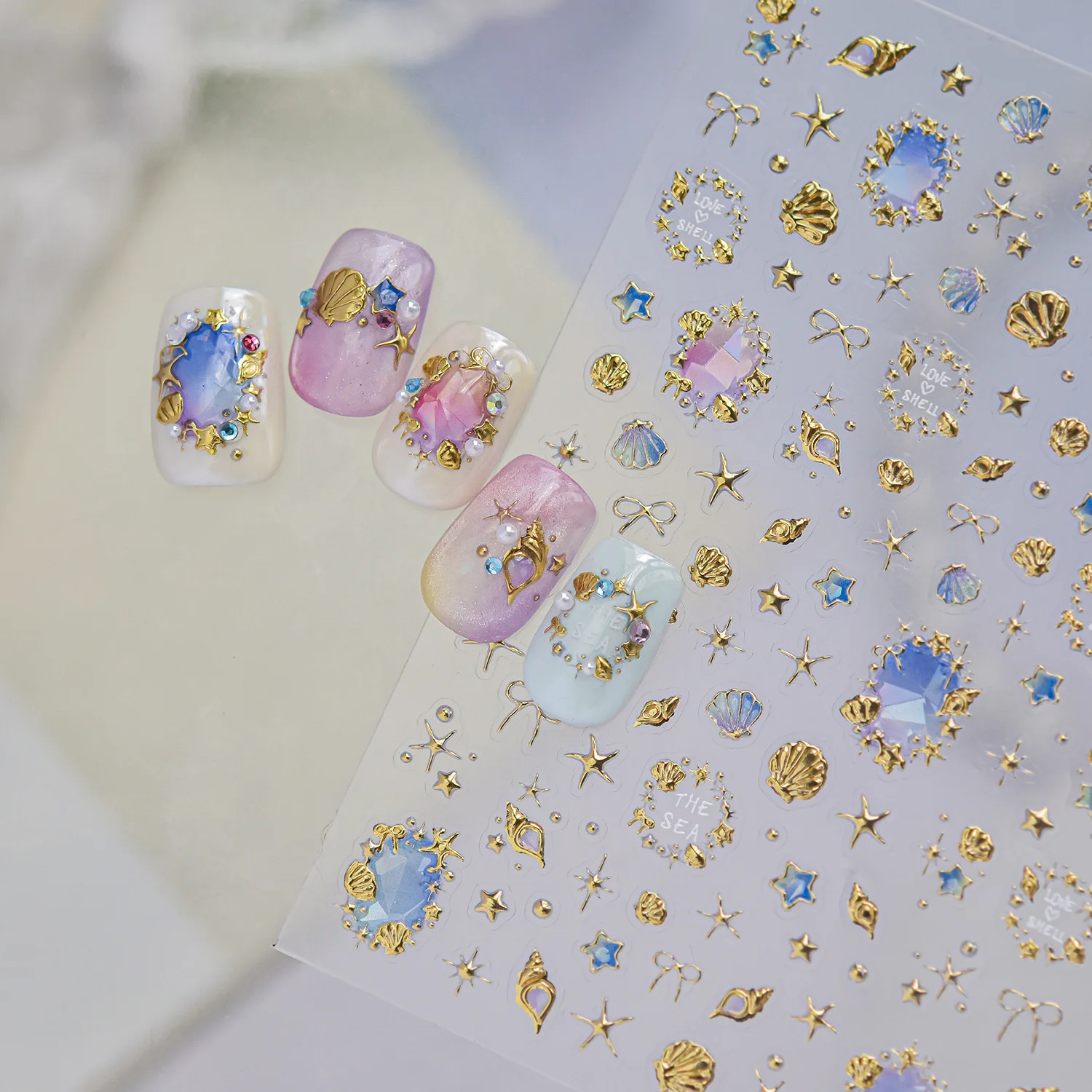 Seashell Starfish Conch Bow Floral Gem Frame Star Rhinestone 5D Nail Stickers Gilded Iridescent Summer Seaside Vacation Decal