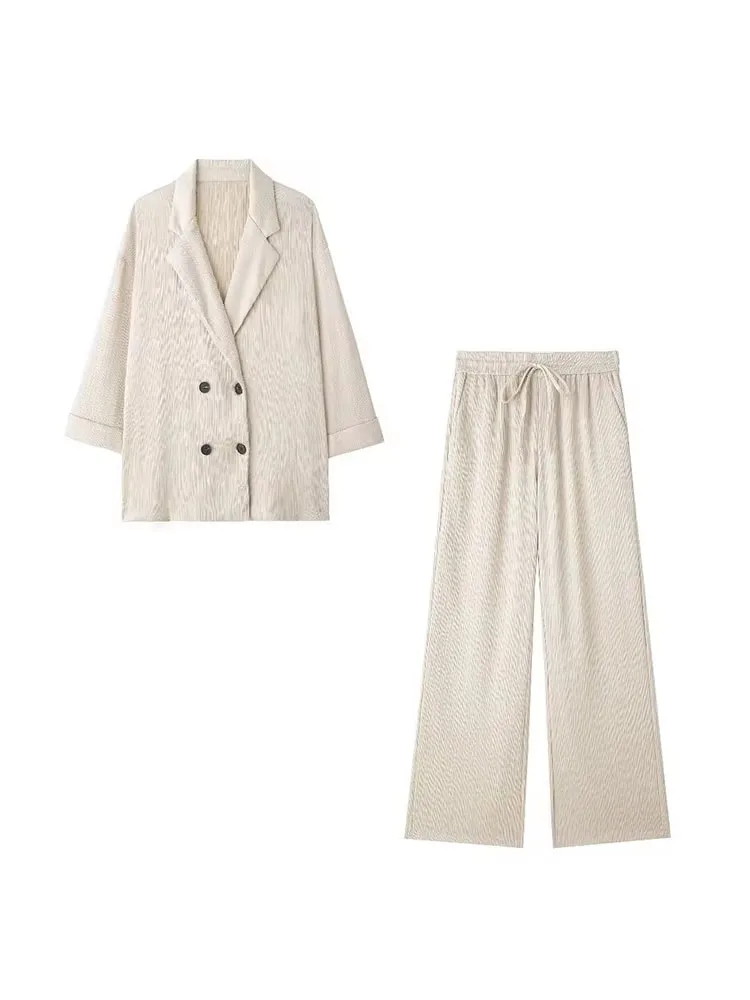 2024 Women Ice Silk Draped Pants Set High Waist Wide Leg Pants+ Solid Beige Long Sleeve Shirt Casual Loose Office Lady