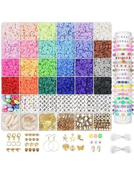 Clay Beads Bracelet Making Kit, 24 Colors Flat Preppy Beads for Friendship Bracelets, Polymer Clay Beads with Charms for Jewelry