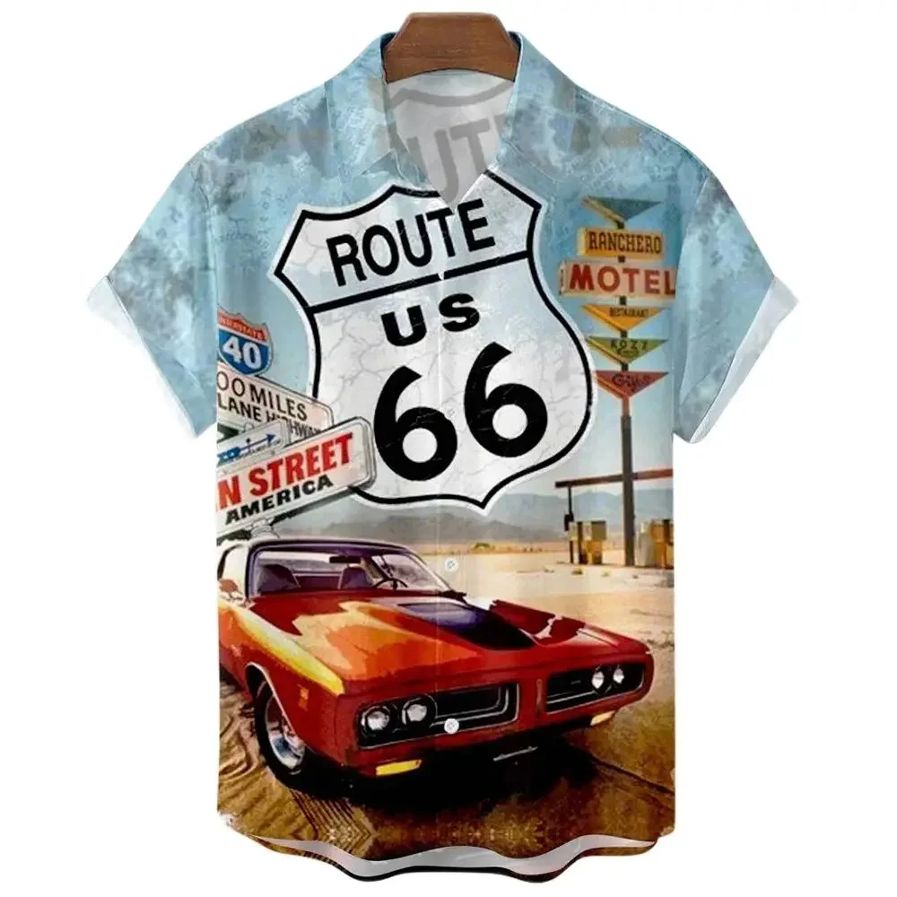 66th Highway Racing Printed Short Sleeve Shirt  3D  Print Highway Bus Printed Men's Casual Loose Fit Shirt 2023