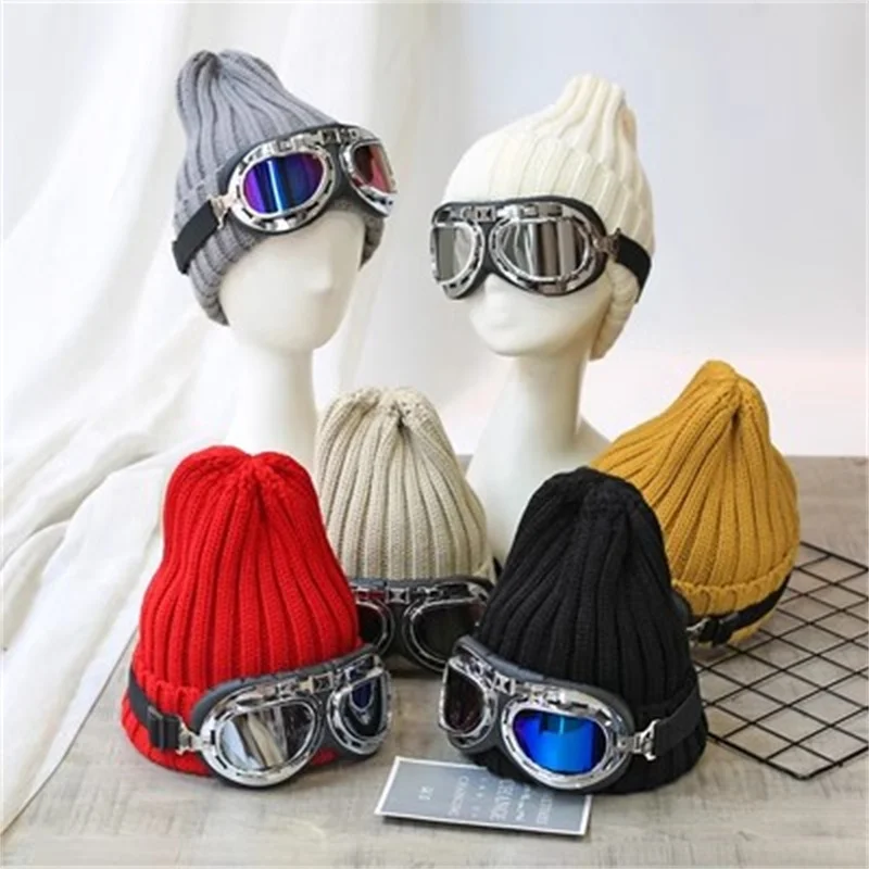 Knitted Beanie Glasses Pilot Hat Vintage Hat Outdoor Warm Hat Women's Winter Fashion Ski Hat Ski Mask кепка мужская