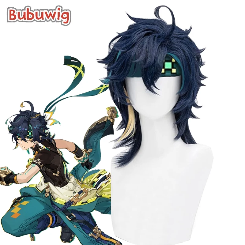 

Bubuwig Synthetic Hair Kinich Cosplay Wigs Game Genshin Impact Kinich 37cm Short Straight Mixed Blue Men Cos Wig Heat Resistant