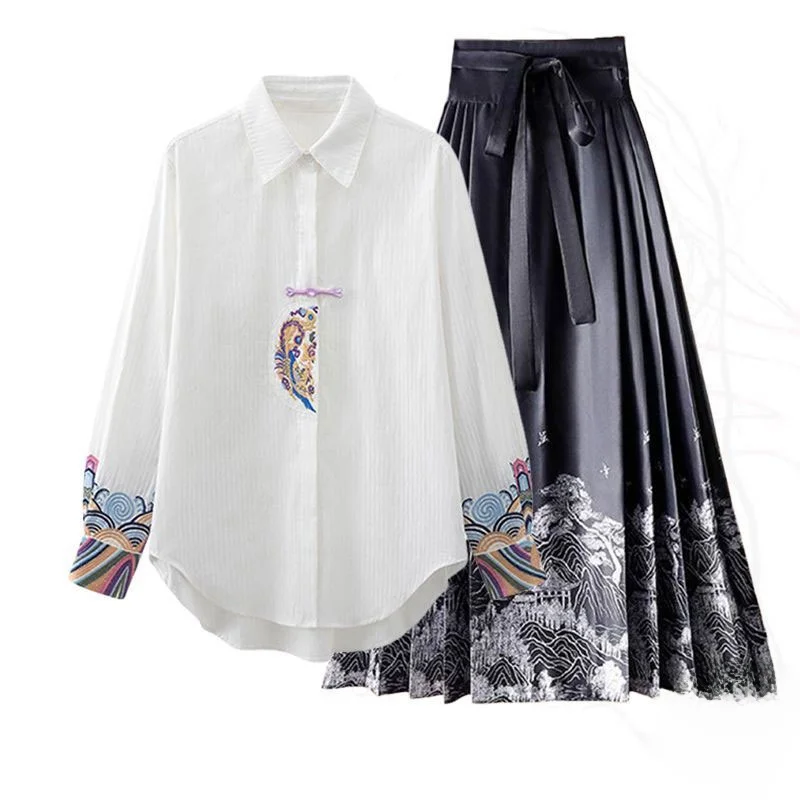 

Новый китайский Sle Long Sve irt, женский повседневный универсальный комплект с юбкой с высокой талией и пуговицами, весенний дизайн...